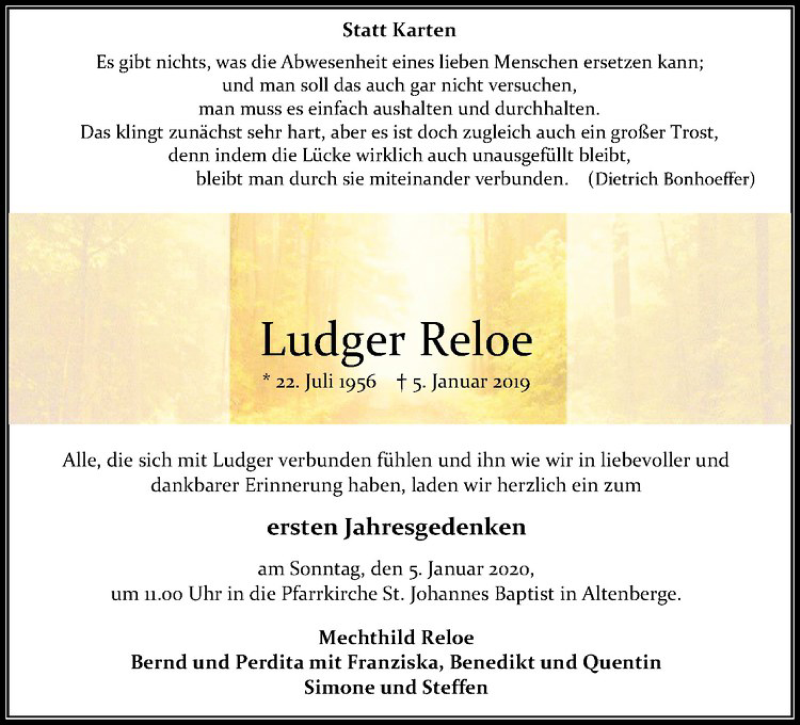 Traueranzeige für Ludger Reloe vom 28.12.2019 aus Westfälische Nachrichten