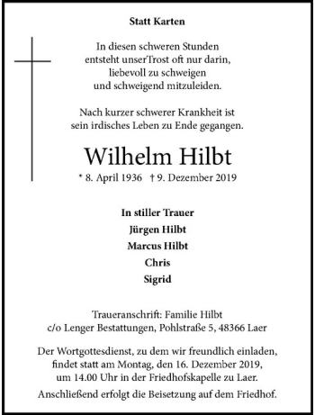Anzeige von Wilhelm Hilbt von Westfälische Nachrichten