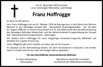 Anzeige von Franz Hoffrogge von Westfälische Nachrichten