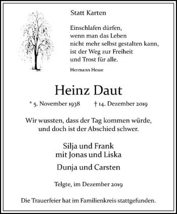 Anzeige von Heinz Daut von Westfälische Nachrichten