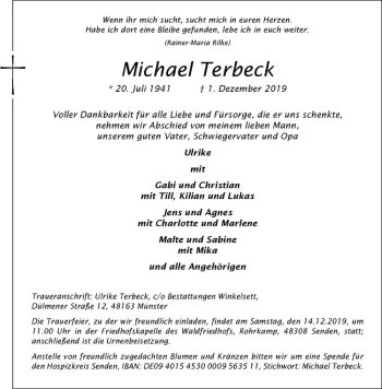 Anzeige von Miichael Terbeck von Westfälische Nachrichten