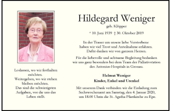 Anzeige von Hildegard Weniger von Westfälische Nachrichten