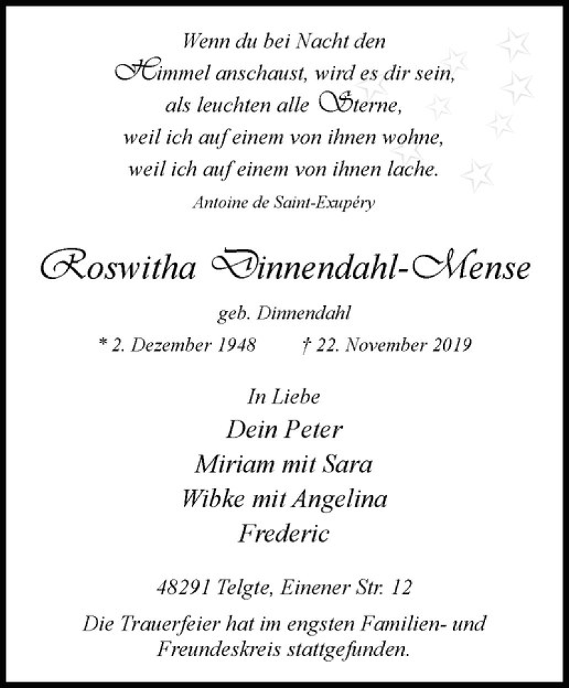  Traueranzeige für Roswitha Dinnendahl -Mense vom 07.12.2019 aus Westfälische Nachrichten