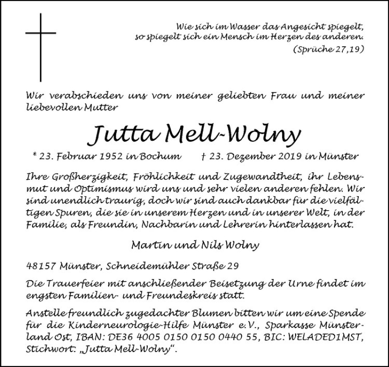  Traueranzeige für Jutta Mell-Wolny vom 31.12.2019 aus Westfälische Nachrichten