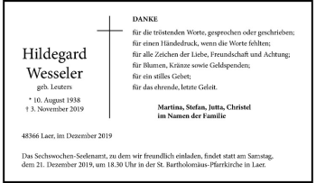 Anzeige von Hildegard Wesseler von Westfälische Nachrichten