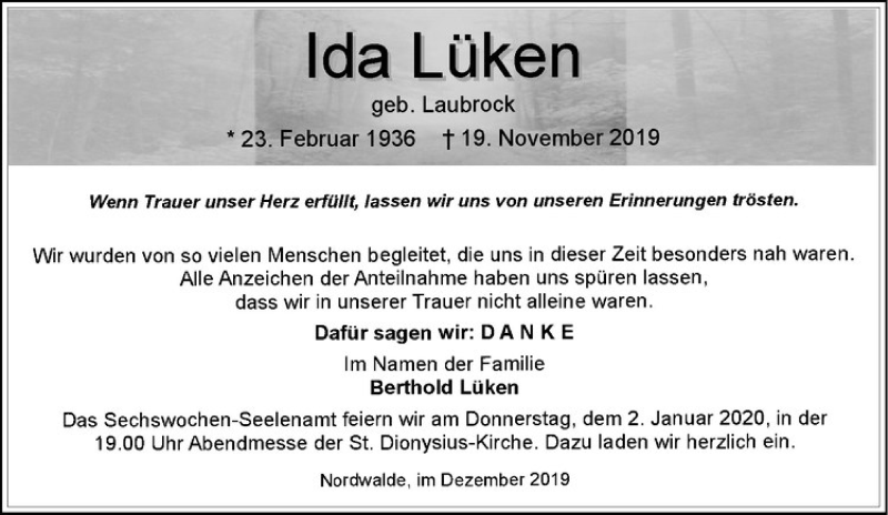  Traueranzeige für Ida Lüken vom 28.12.2019 aus Westfälische Nachrichten