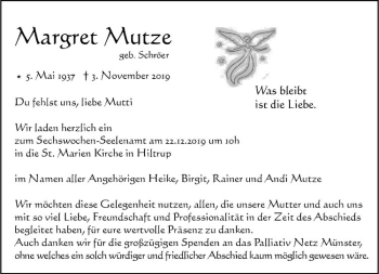 Anzeige von Margret Mutze von Westfälische Nachrichten