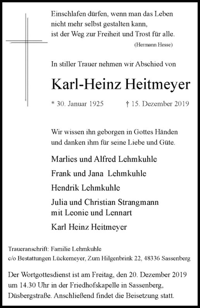  Traueranzeige für Karl-Heinz Heitmeyer vom 18.12.2019 aus Westfälische Nachrichten