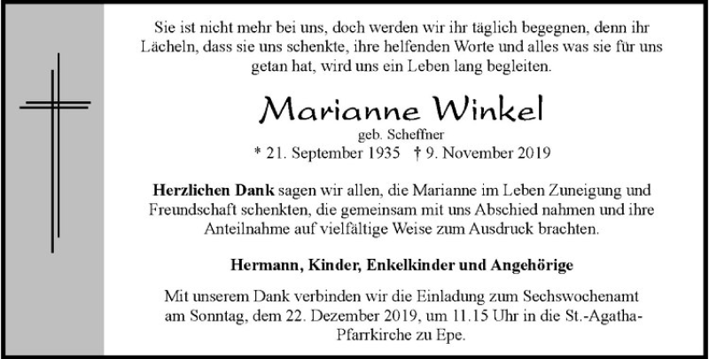  Traueranzeige für Marianne Winkel vom 14.12.2019 aus Westfälische Nachrichten