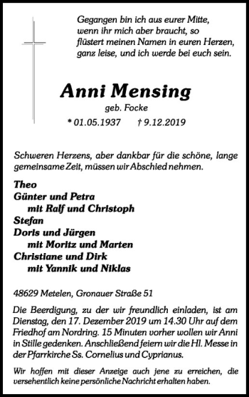 Anzeige von Anni Mensing von Westfälische Nachrichten