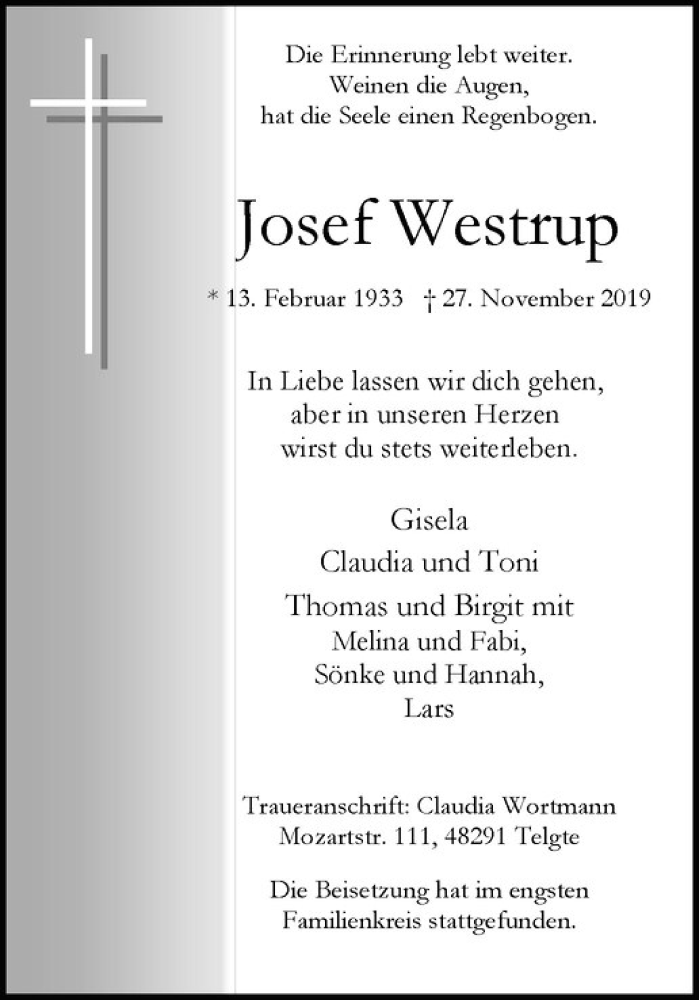  Traueranzeige für Josef Westrup vom 29.11.2019 aus Westfälische Nachrichten
