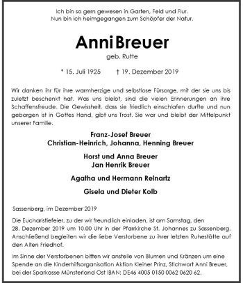 Anzeige von Anni Breuer von Westfälische Nachrichten