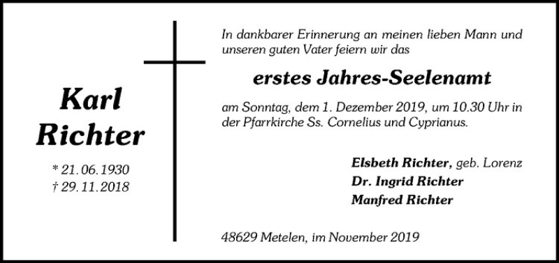  Traueranzeige für Karl Richter vom 29.11.2019 aus Westfälische Nachrichten
