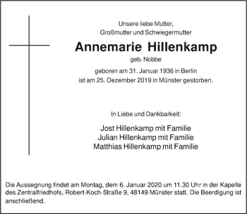 Anzeige von Annemarie Hillenkamp von Westfälische Nachrichten