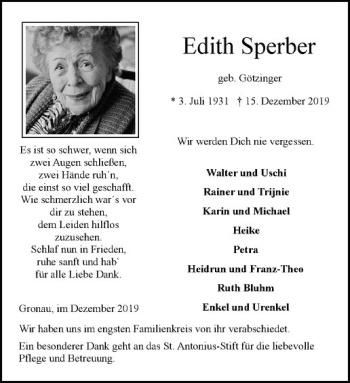 Anzeige von Edith Sperber von Westfälische Nachrichten