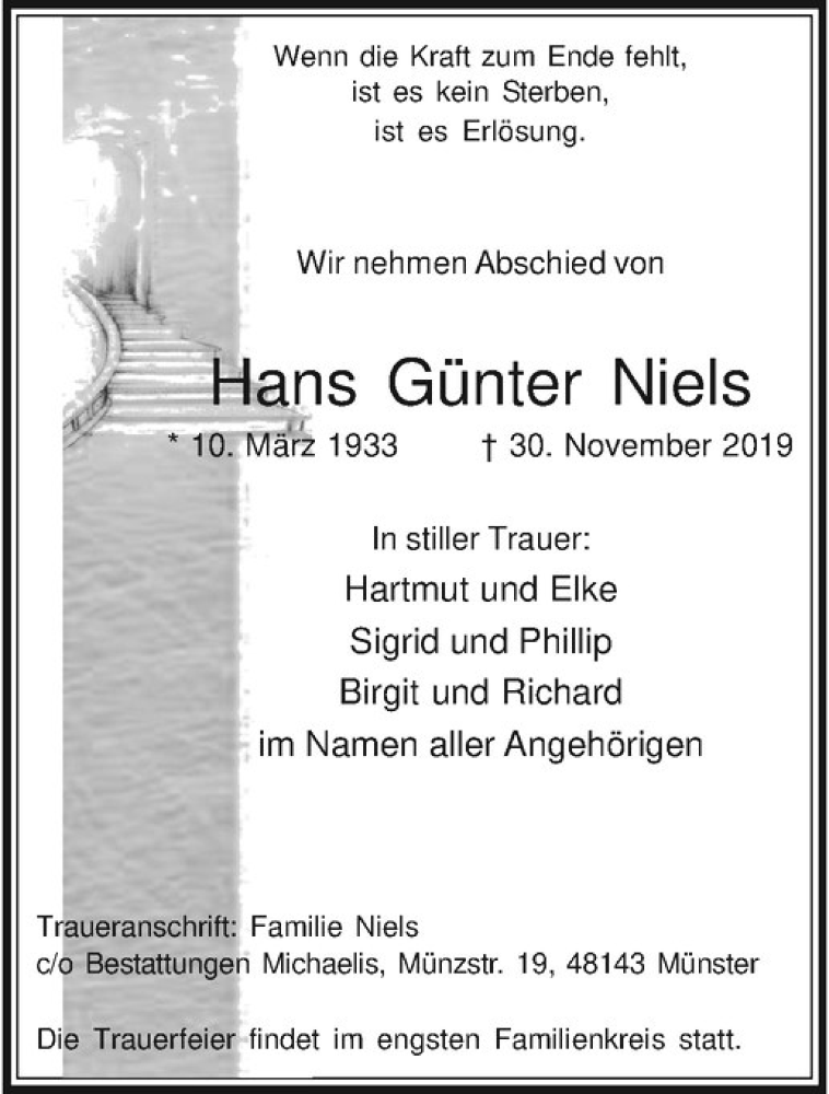  Traueranzeige für Hans Günter Niels vom 29.11.2019 aus Westfälische Nachrichten