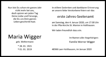 Anzeige von Maria Wigger von Westfälische Nachrichten