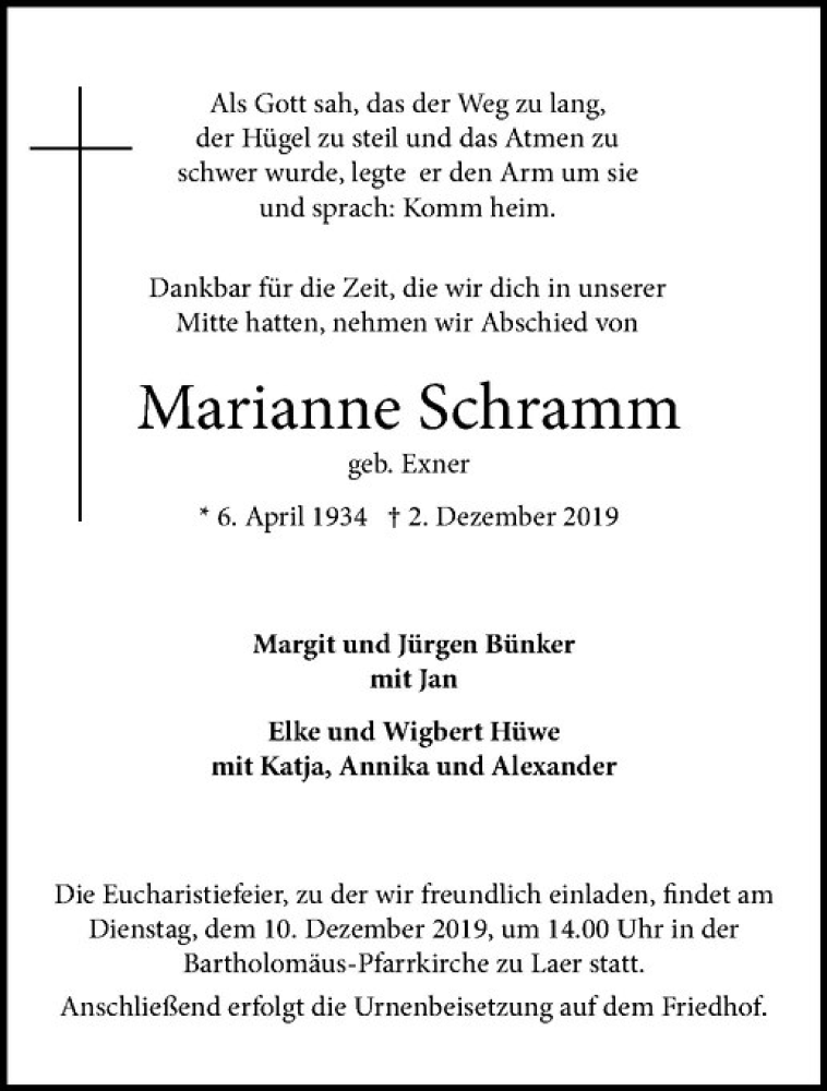  Traueranzeige für Marianne Schramm vom 07.12.2019 aus Westfälische Nachrichten