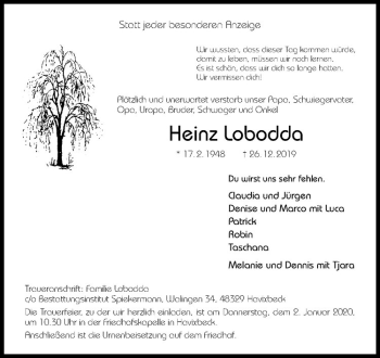 Anzeige von Heinz Lobodda von Westfälische Nachrichten