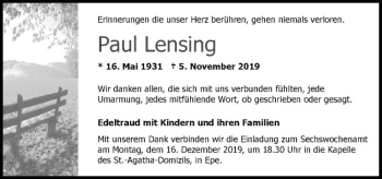 Anzeige von Paul Lensing von Westfälische Nachrichten