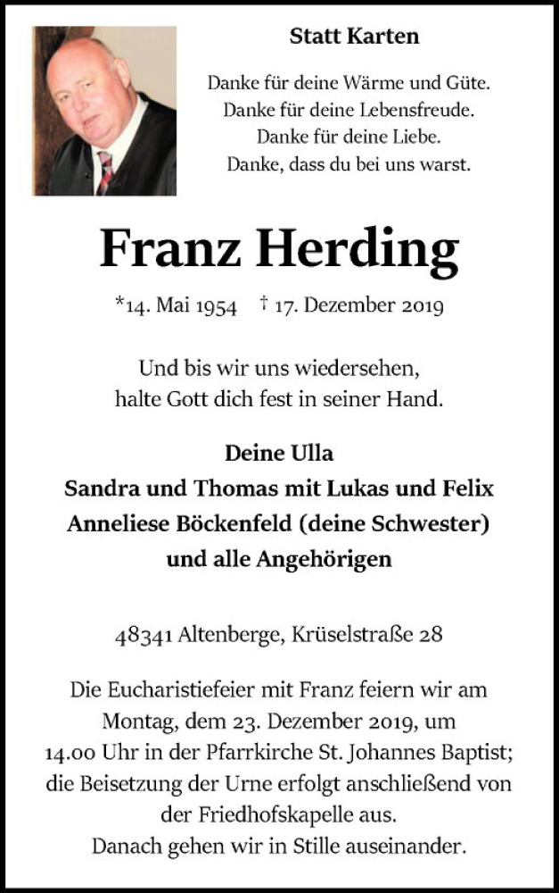  Traueranzeige für Franz Herding vom 21.12.2019 aus Westfälische Nachrichten