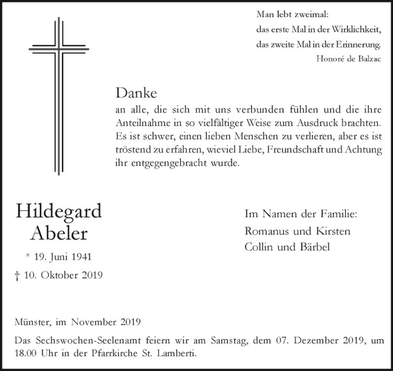  Traueranzeige für Hildegard Abeler vom 29.11.2019 aus Westfälische Nachrichten