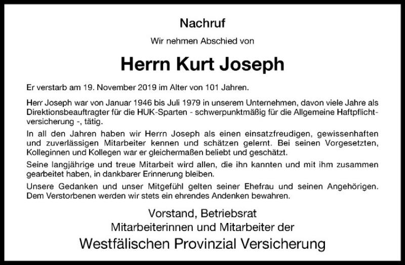  Traueranzeige für Kurt Joseph vom 29.11.2019 aus Westfälische Nachrichten