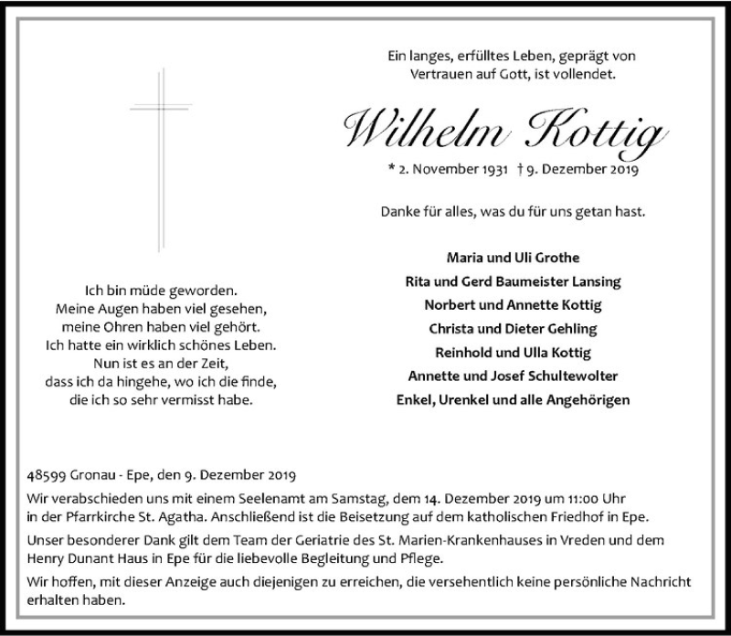  Traueranzeige für Inge Kottig vom 12.12.2019 aus Westfälische Nachrichten