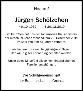 Anzeige von Jürgen Schölzchen von Westfälische Nachrichten