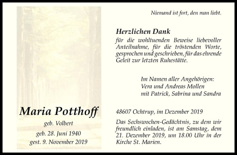  Traueranzeige für Maria Potthoff vom 18.12.2019 aus Westfälische Nachrichten