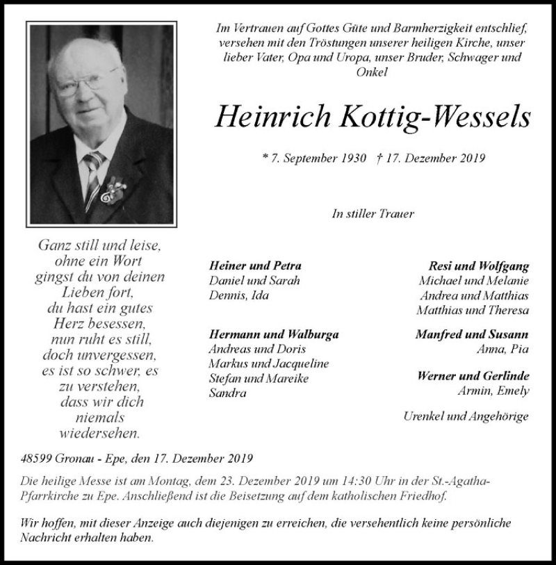  Traueranzeige für Heinrich Kottig-Wessels vom 21.12.2019 aus Westfälische Nachrichten
