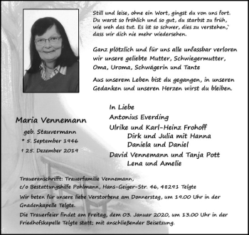 Anzeige von Maria Vennnemann von Westfälische Nachrichten