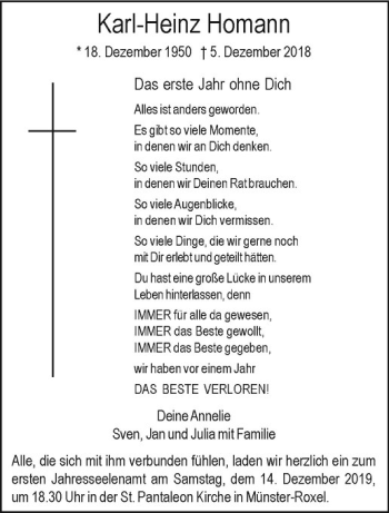 Anzeige von Karl Heinz Homann von Westfälische Nachrichten