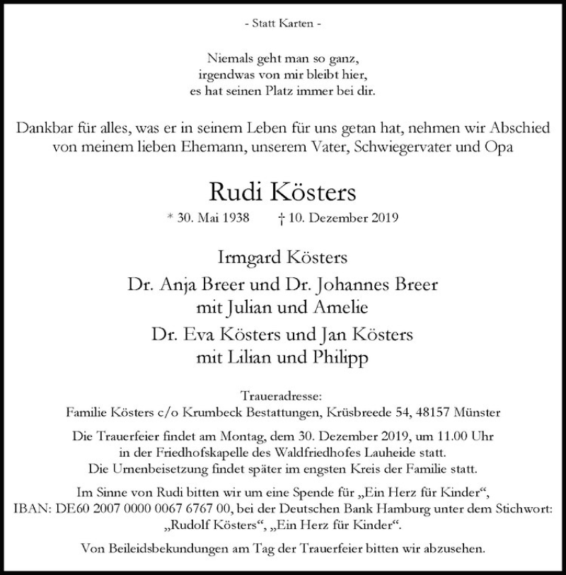  Traueranzeige für Rudi Kösters vom 14.12.2019 aus Westfälische Nachrichten