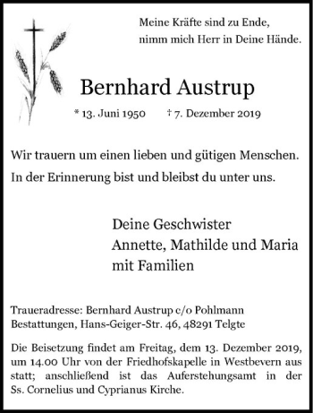 Anzeige von Bernhard Austrup von Westfälische Nachrichten