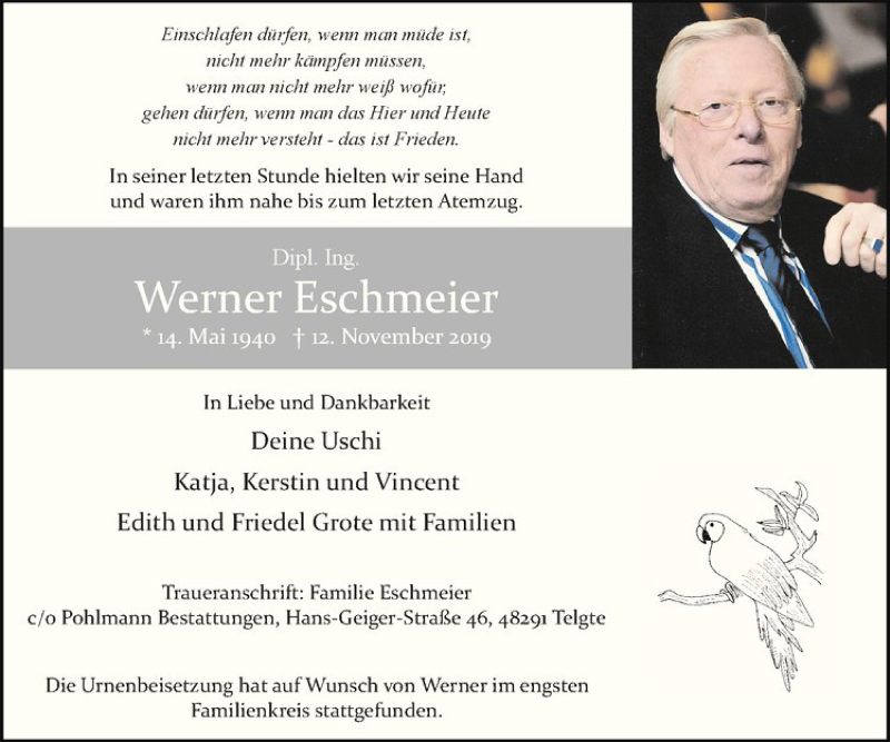  Traueranzeige für Werner Eschmeier vom 29.11.2019 aus Westfälische Nachrichten