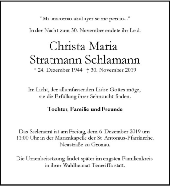 Anzeige von Christa Maria Stratmann Schlamann von Westfälische Nachrichten