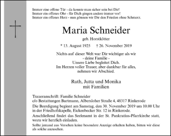 Anzeige von Maria Schneider von Westfälische Nachrichten