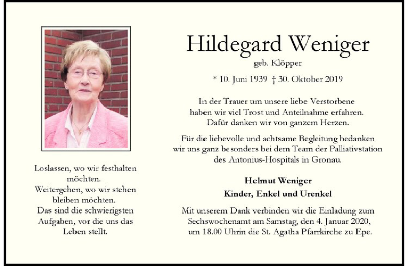  Traueranzeige für Hildegard Weniger vom 28.12.2019 aus Westfälische Nachrichten