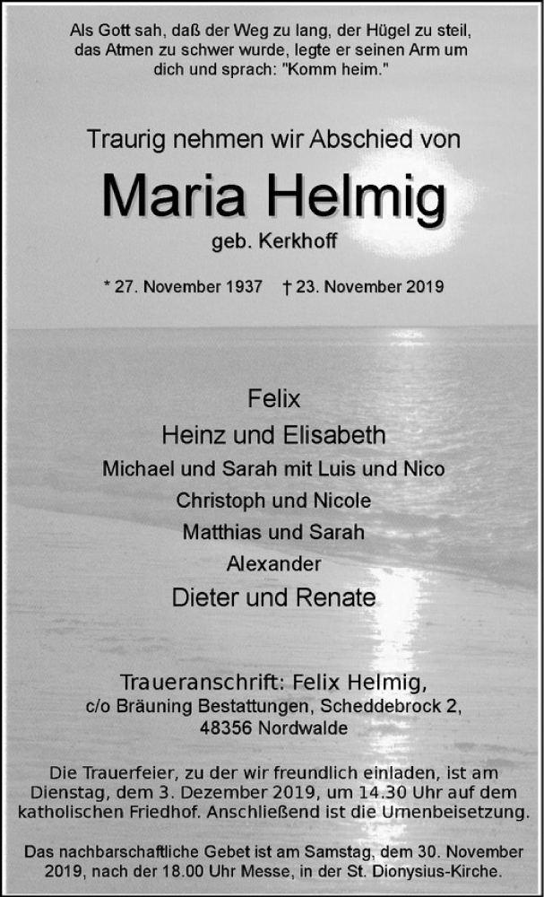  Traueranzeige für Maria Helmig vom 29.11.2019 aus Westfälische Nachrichten