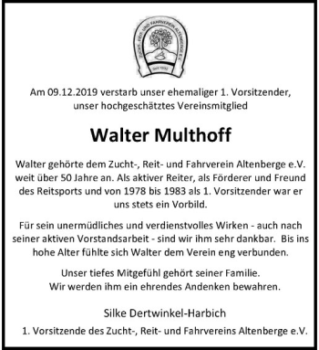 Anzeige von Walter Multhoff von Westfälische Nachrichten