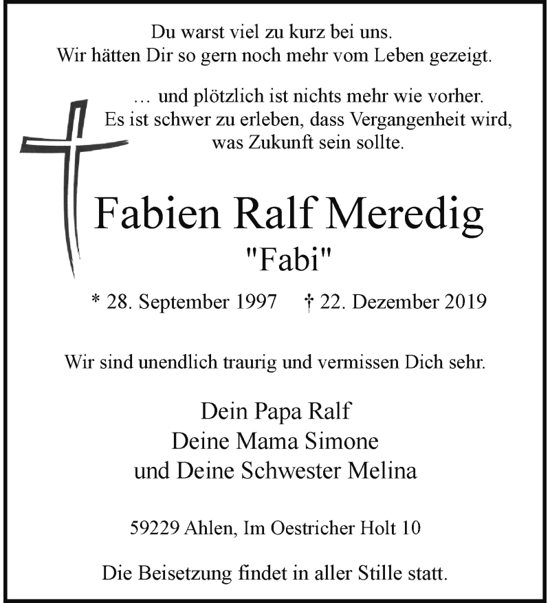  Traueranzeige für Fabien Ralf Meredig vom 28.12.2019 aus Westfälische Nachrichten