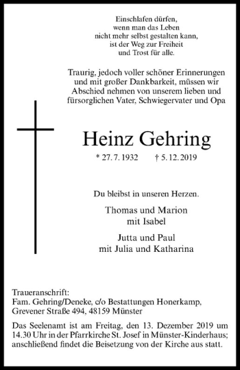 Anzeige von Heinz Gehring von Westfälische Nachrichten