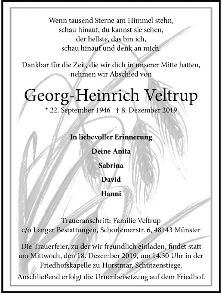  Traueranzeige für Georg-Heinrich Veltrup vom 14.12.2019 aus Westfälische Nachrichten