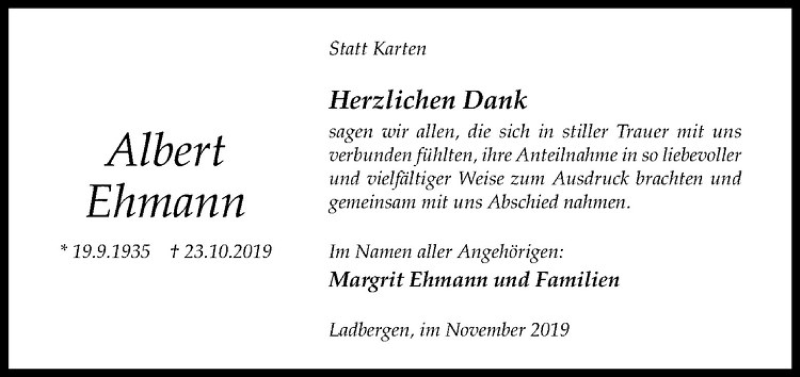  Traueranzeige für Albert Ehmann vom 29.11.2019 aus Westfälische Nachrichten