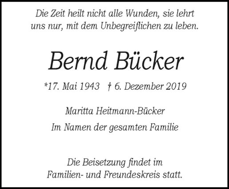  Traueranzeige für Bernd Bücker vom 14.12.2019 aus Westfälische Nachrichten