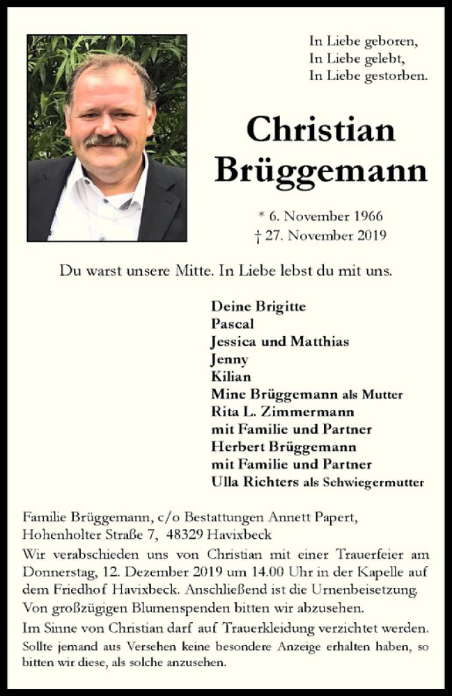  Traueranzeige für Christian Brüggemann vom 29.11.2019 aus Westfälische Nachrichten