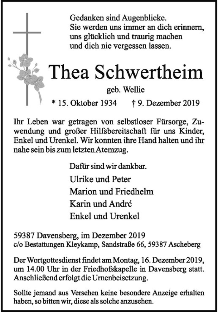  Traueranzeige für Thea Schwertheim vom 14.12.2019 aus Westfälische Nachrichten