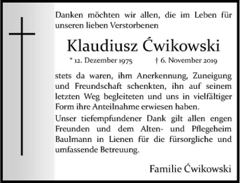 Anzeige von Klaudiusz Cwikowski von Westfälische Nachrichten
