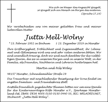 Anzeige von Jutta Mell-Wolny von Westfälische Nachrichten